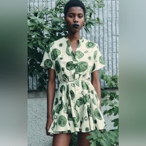 Zara ZW Collection Cream/Green 100% Cotton Printed Mini Dress Celestial Boho